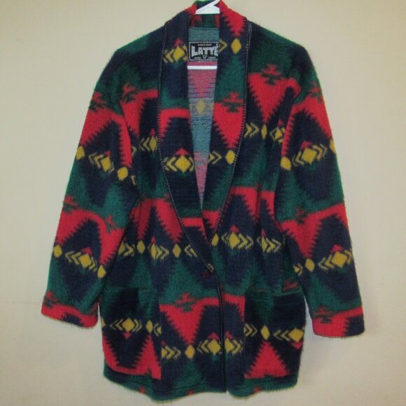Vintage 90s Latte Blanket Fleece Aztec Boho Long Sleeve Jacket Multi-Color XL 1X - Picture 1 of 3